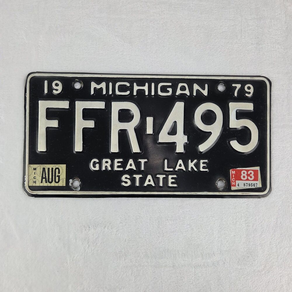 1979 Michigan Great Lake State Black License Plate FFR 495 With 1983 Sticker
